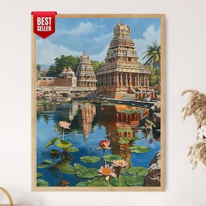 Tamil Nadu Temple Pond Art Print: Vibrant South Indian Folk Artwork