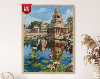 Tamil Nadu Temple Pond Art Print: Vibrant South Indian Folk Artwork