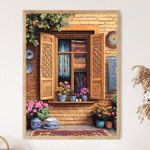 May include: A painting of a window with intricately carved wooden shutters, colorful rugs and textiles hanging inside, and potted flowers on the windowsill. The window is set in a brick wall with a decorative tile design.