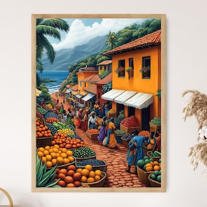 Mauritania Marketplace Illustration, Colorful Farm Market Painting, African Fruit Art, Wall Art for Kitchen, African Restaurant Decor