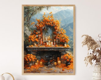 Tag der Toten Ringelblumen Altar Gemälde, OfrendaTraditional Dekorationen Kunstdruck, kulturelle Essenz und detailliertes Kunstdekor