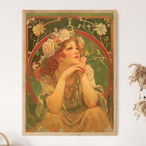 Alphonse Mucha Inspired Art Nouveau Print, Elegant Vintage Floral Wall Decor, Perfect for Home Beautification