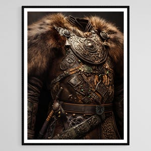 Lámina artística de armadura de guerrero mongol, cuero tradicional, patrones ornamentados, decoración histórica