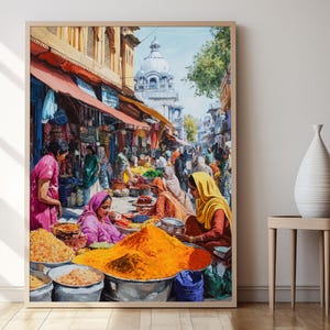 May include: A colorful painting depicting a bustling market scene in India. The painting features a variety of spices and other goods displayed in baskets and bowls. There are many people in the painting, some of whom are wearing traditional Indian clothing. The painting is set against a backdrop of colorful buildings and a blue sky.