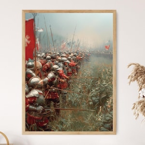 Póster de arqueros de la batalla de Agincourt, impresión artística de una escena bélica inglesa contra francesa, pintura de combate medieval