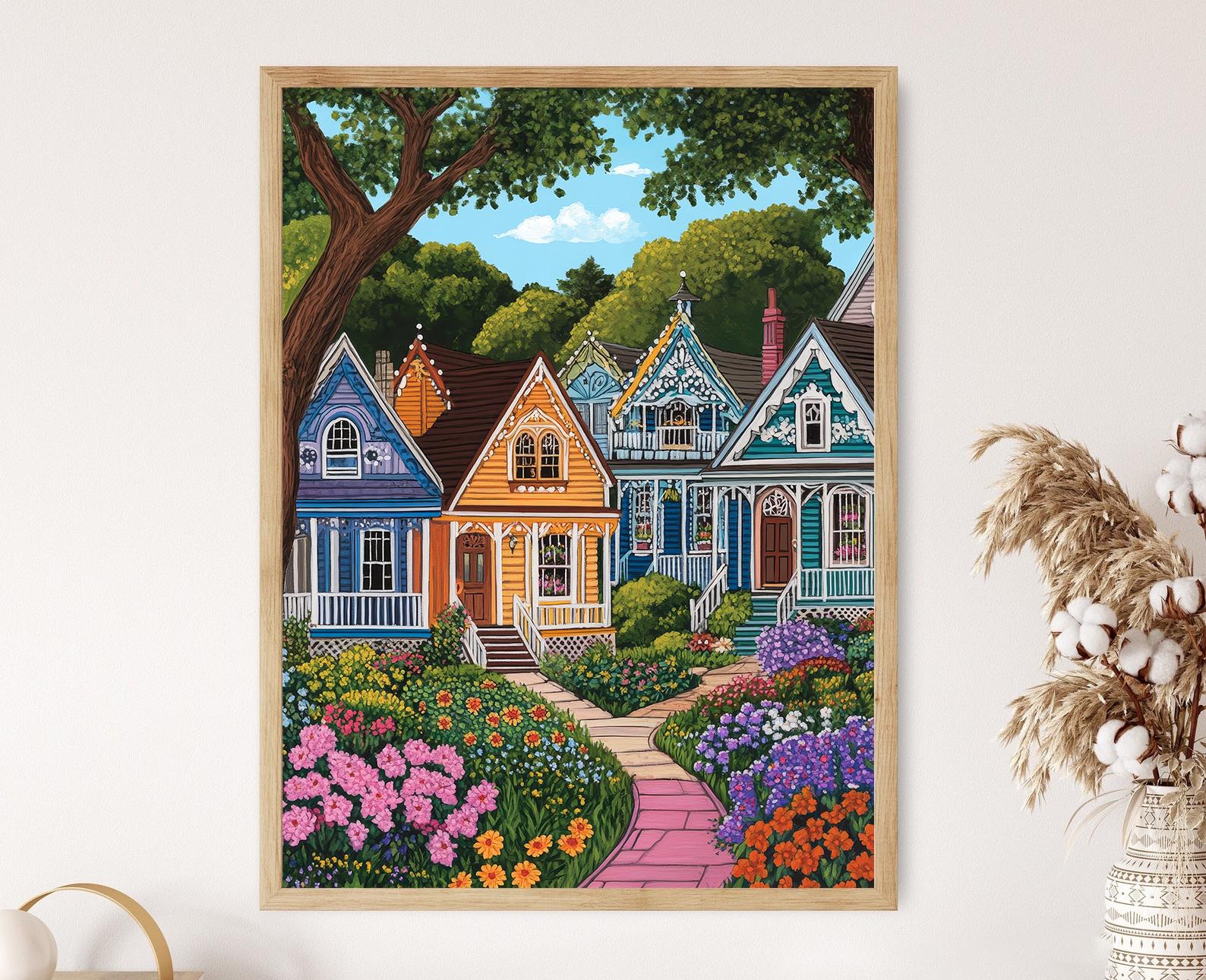 Martha’s Vineyard Gingerbread Cottages Art Print, Whimsical Architecture