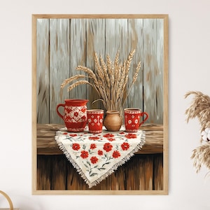 Russisch geborduurd tafelkleed illustratie, traditioneel ornament Art Print