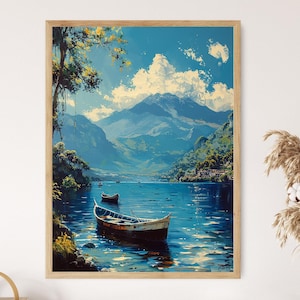 Serene Lake Atitlán Gemälde, traditionelle Maya-Boote Kunstdruck