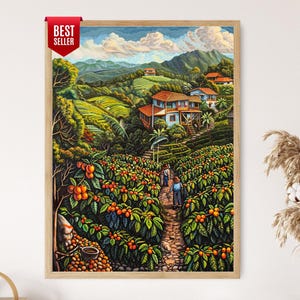 Costa Rican Coffee Plantation Art Print: Tropical Farm Scene Wall Decor