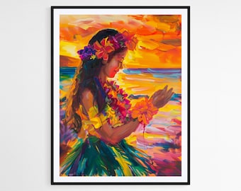 ハワイアンフラダンサーのアートプリント：鮮やかなトロピカルな壁飾り