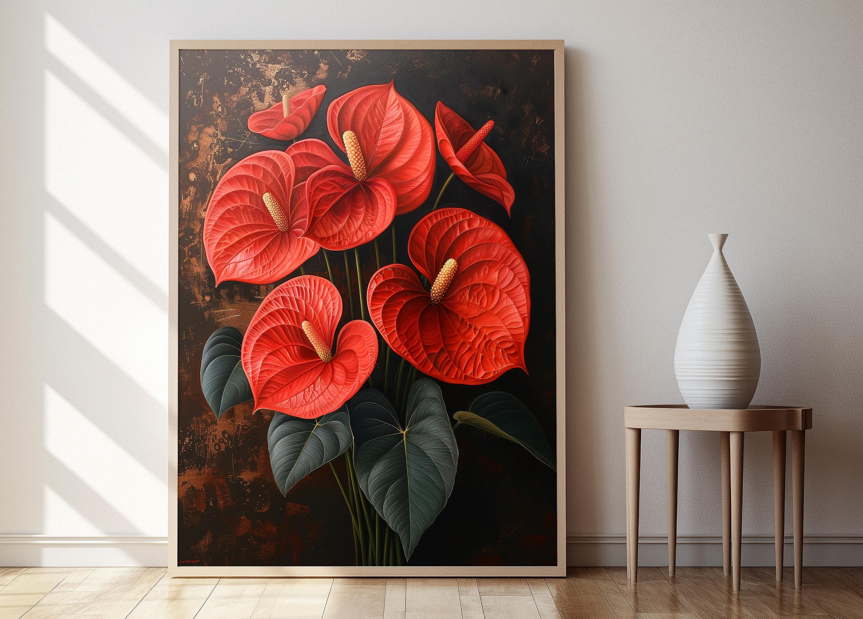 未開封！Red Auricula（赤いアウリキュラ）アートプリント作品の額装 アンスリウムのボタニカルアートプリント：赤いフラミンゴのユリの