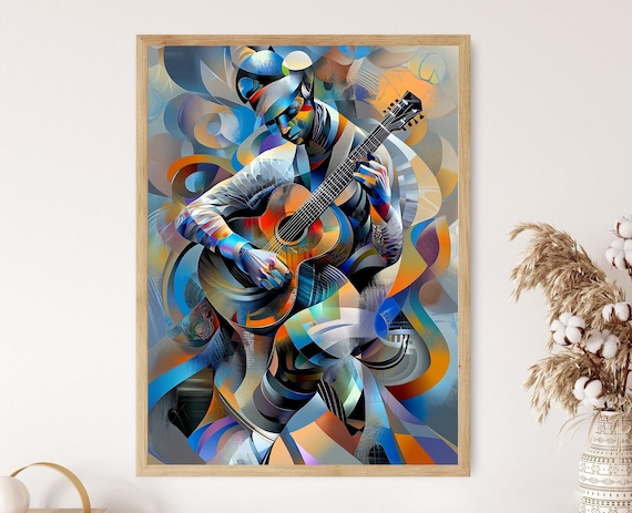 Modern Surreal Guitar Art, Abstract Futuristic Musician, Bold