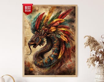 Puede incluir: Una impresión enmarcada que presenta una serpiente estilizada con un tocado de plumas. La obra de arte muestra una vibrante paleta de colores rojo, amarillo, verde y azul, con intrincados patrones geométricos. La impresión está etiquetada como "BEST SELLER".