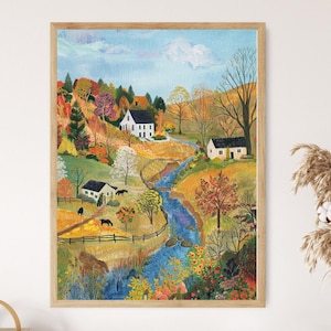 May include: A painting of a rural landscape with a white farmhouse, a smaller house, and a winding stream. The trees are in autumn colors, with shades of red, orange, yellow, and green. There are also some cows in the field.