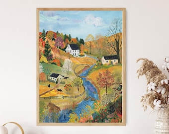 Charming Rural Landscape Print - Grandma Moses Inspired Art