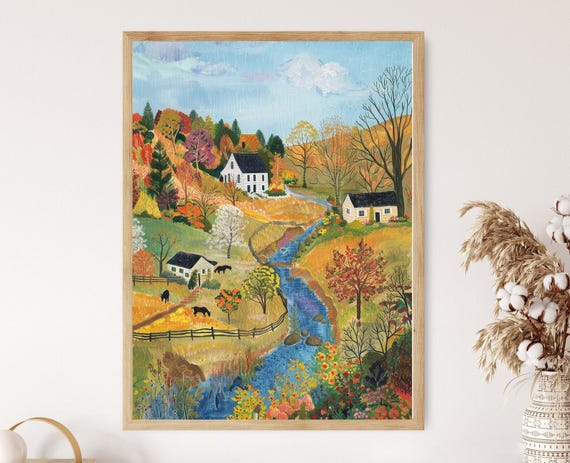 Charming Rural Landscape Print - Grandma Moses Inspired Art