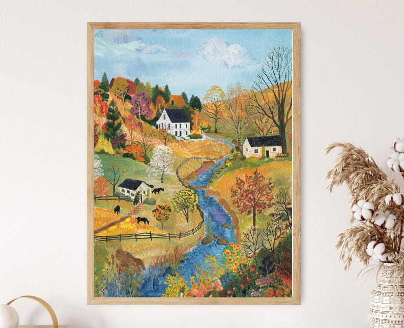 May include: A painting of a rural landscape with a white farmhouse, a smaller house, and a winding stream. The trees are in autumn colors, with shades of red, orange, yellow, and green. There are also some cows in the field.
