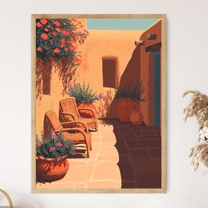 May include: A digital illustration of a terracotta courtyard with three wicker chairs and potted plants. The walls are a warm orange color and the floor is a light brown.