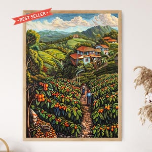 Pintura vibrante de una plantación de café de Costa Rica, impresión artística sobre la cultura del café