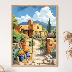 Könnte beinhalten: Ein Gemälde, das ein gelbes Stuckhaus mit einem Terrakotta-Ziegeldach und einem Tor zeigt. Das Haus ist von üppigem Grün und einem Kaktus umgeben. Der Himmel ist blau mit weißen Wolken.
