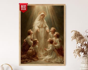 Könnte beinhalten: Ein gerahmter Druck eines religiösen Gemäldes mit einer Frau in einem weißen Gewand mit Heiligenschein, umgeben von Kindern. Das Kunstwerk hat eine Vintage-Ästhetik mit weicher Beleuchtung und einem "Best Seller"-Tag.