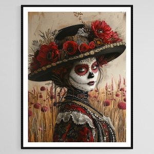 La Calavera Catrina Painting - Día de los Muertos Art Print, Mexican Folk Art, Colorful Skeleton Decor, Unique Wall Art