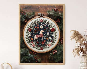 Swedish Dala Horse Embroidery Art Print, Wooden Hoop Decor Poster