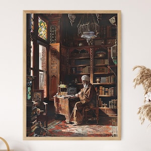 May include: A framed print depicting a man in traditional clothing at a desk in a richly decorated room. The scene includes bookshelves, intricate carvings, and a patterned rug. The colour scheme features warm browns, reds, and golds, creating a detailed artwork.