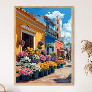 Op de afbeelding: Een kleurrijke straat scène in een stad met gele, blauwe en rode gebouwen. De gebouwen zijn omzoomd met levendige bloemen in potten, wat een prachtige weergave creëert. De straat is geplaveid en er zijn mensen te zien die in de verte lopen.