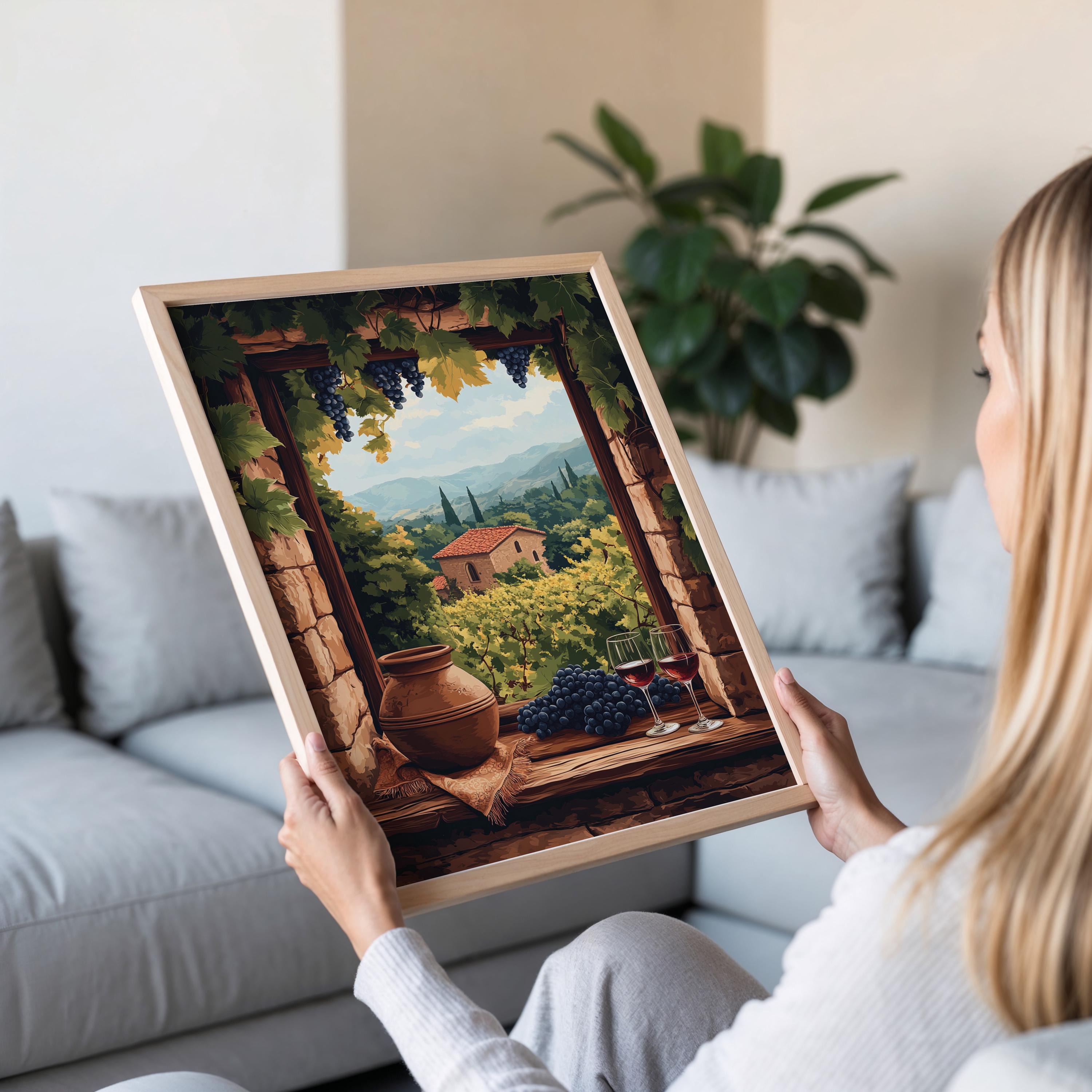Telavi Vineyard Window Poster: Georgian Wine Scene With Qvevri and