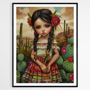 Encantadora ilustración de muñeca mexicana - Impresión de arte con temática tropical, ideal para la decoración de la habitación de los niños, encantador regalo de cumpleaños