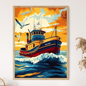Colorful Vintage Tugboat On Calm Sea Poster, Nautical Sunset Painting, Marine Art Print, Coastal Decor, Ocean Artwork, Maritime Wall Art