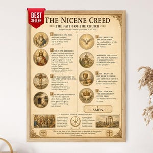 May include: A framed poster titled The Nicene Creed, featuring a vintage-style beige background with black text and eight circular illustrations depicting religious scenes, including a dove, a chalice, a crown, and figures of Jesus Christ.