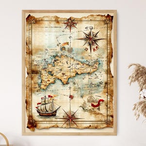 Impressão de mapa do tesouro pirata vintage, arte de mapa de aventura infantil, mapa náutico de estilo antigo, ilustração de navio pirata, decoração de parede de sala de jogos