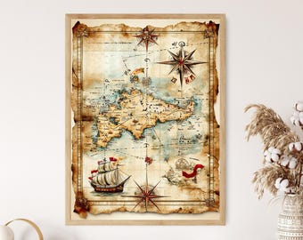 Vintage Pirate Treasure Map Print, Children&#39;s Adventure Map Art, Antique Style Nautical Map, Pirate Ship Illustration, Playroom Wall Decor