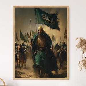 Salah ad-Din in battaglia, il re guerriero ayyubide Saladino, stampa d'arte islamica medievale
