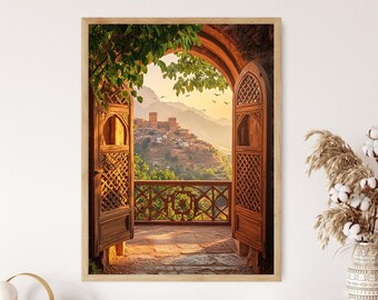 May include: A view through an ornate wooden doorway, revealing a distant village nestled in a mountainous landscape. The doorway is carved with intricate designs and has a balcony overlooking the valley.