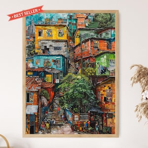 Impresión de favela brasileña, arte colorido de barrios marginales brasileños