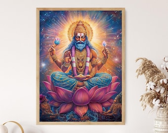 ヒンドゥー教の神ブラフマーのアートプリント、宇宙の創造神、四頭神