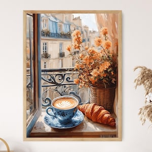 May include: A painting of a window view of a Parisian street with a cup of coffee and a croissant on a windowsill. The coffee cup is blue and white with a latte art design. The croissant is golden brown and flaky. There are orange flowers in a wicker basket in the window.
