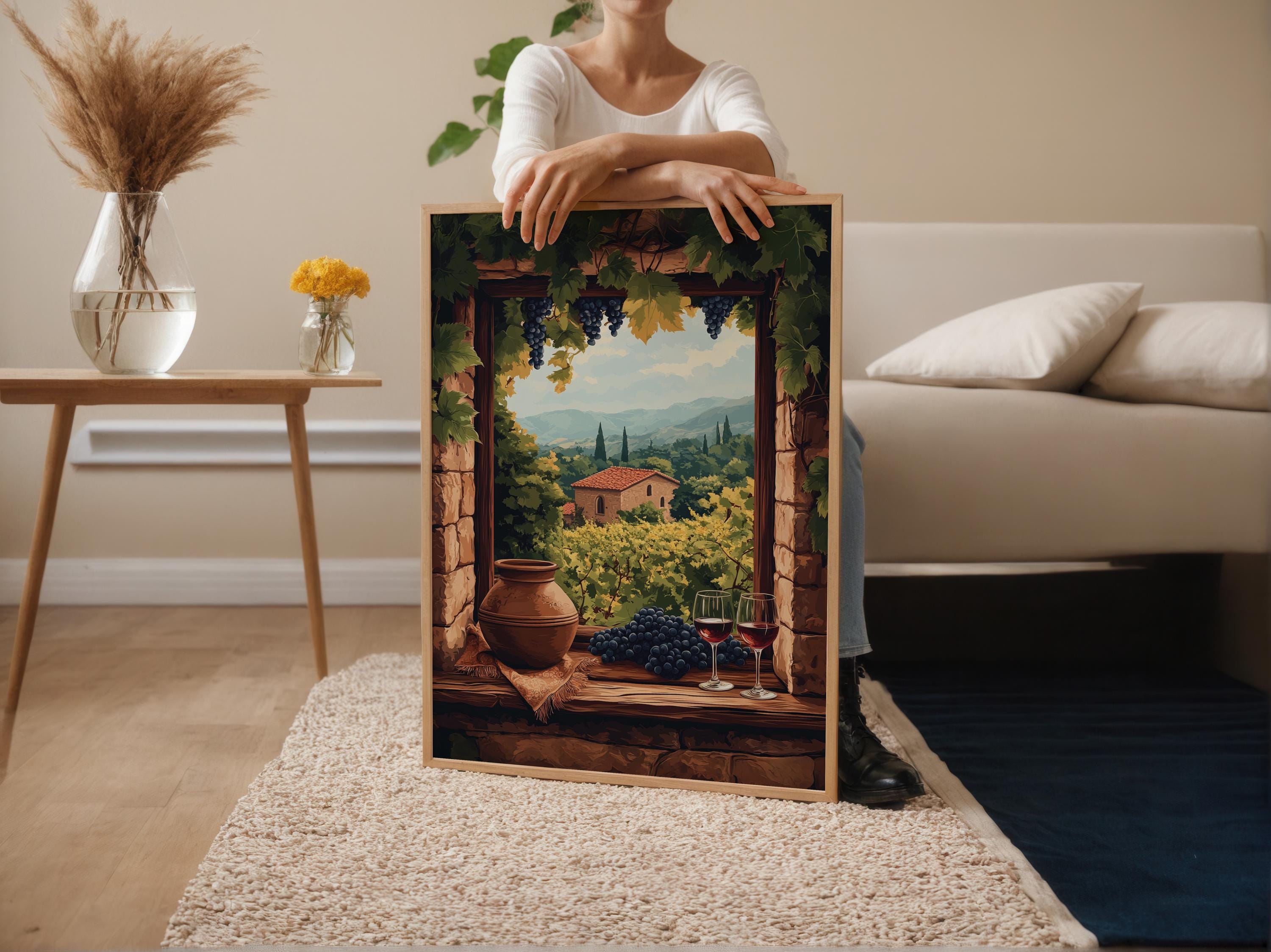 Telavi Vineyard Window Poster: Georgian Wine Scene With Qvevri and
