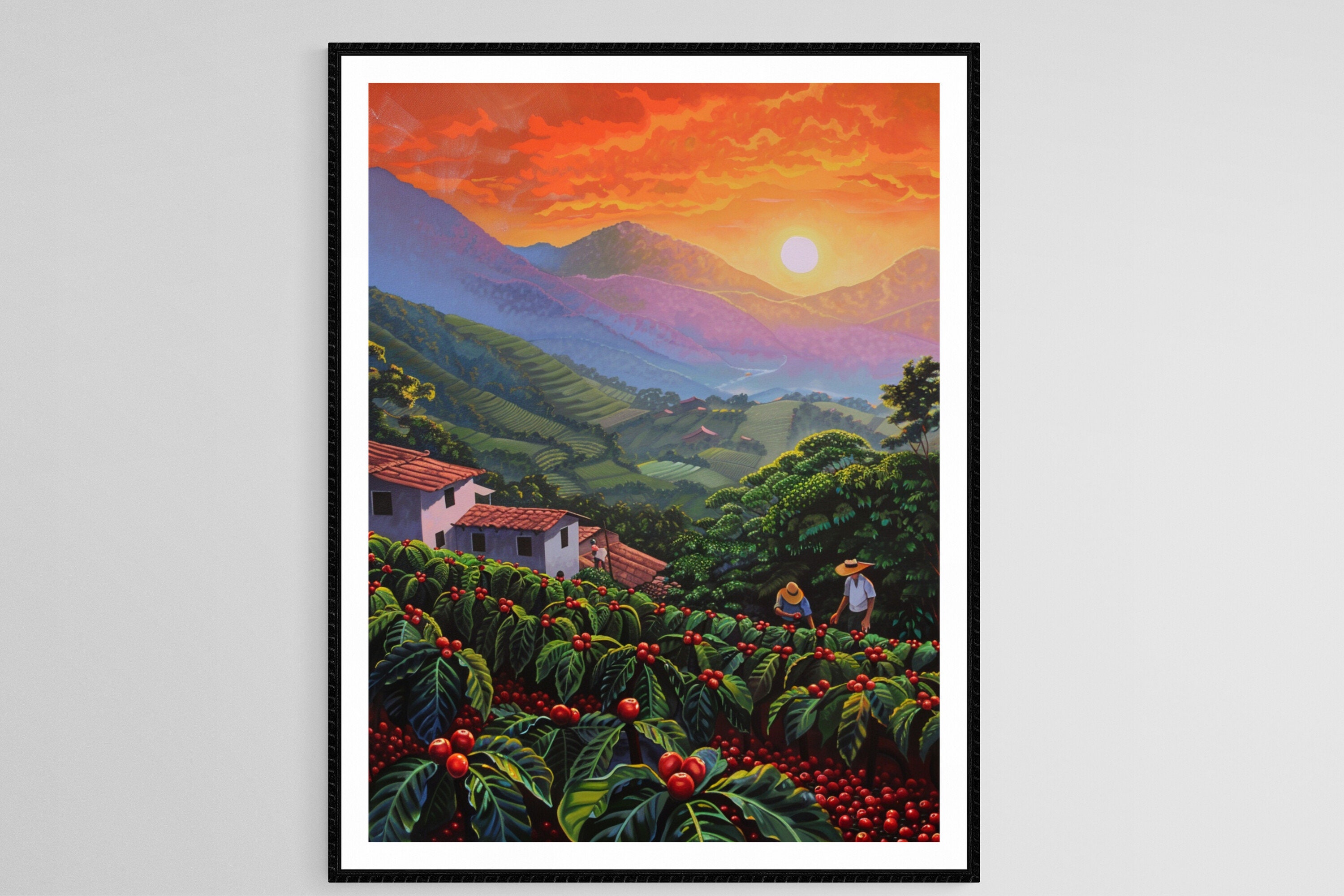 風景画 油彩画 メキシコで購入。 メキシコのコーヒー農園の日の出のアート、さくらんぼを摘む農民の絵画