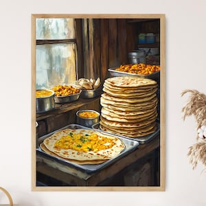 Guyanese Roti and Curry Stall Poster, Traditional Street Food Art Print, Flat Vector Market Scene
