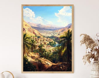Jericho Landscape Art Print, Date Palms and Ancient Ruins, Palestinian Desert Scene