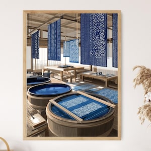 Japanese Katazome Indigo Basin Stencil Resist Textile Workshop Scene Fine Art Print