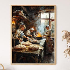 Rustic Russian Kitchen Print - Slavic Bread Making Art Decor - Cozy Farmhouse Wall Art