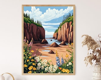 May include: A painting of a coastal scene with red cliffs, a sandy beach, and a blue ocean. The cliffs are covered in green trees and there are wildflowers growing in the foreground. The sky is blue with white clouds.