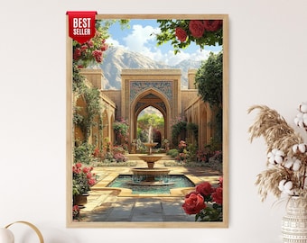 May include: A framed print of an ornate courtyard with a fountain, surrounded by lush greenery and red roses. The architecture features arched doorways and intricate tilework, with mountains in the background. A "Best Seller" sticker is in the top left corner.