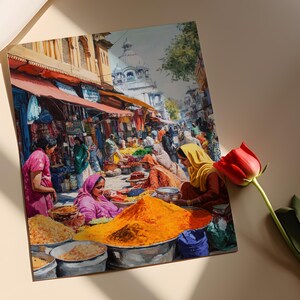 May include: A colorful painting of a bustling market scene in India. The painting features a variety of spices and other goods displayed in bowls and baskets. There are many people in the painting, some of whom are wearing traditional Indian clothing. The painting is set against a backdrop of a city street.