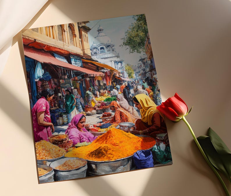 May include: A colorful painting of a bustling market scene in India. The painting features a variety of spices and other goods displayed in bowls and baskets. There are many people in the painting, some of whom are wearing traditional Indian clothing. The painting is set against a backdrop of a city street.